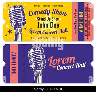 Vorlage für Vektorkarten für die Comedy-Show „Stand Up“. Comedian Stand Up Tickets mit Mikrofon Illustration Stock Vektor