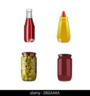 Set mit Würzsauce. Tomatenketchup, Senf, Bolognese-Sauce, Oliven im Glas. Zutaten für die Lebensmittel. Vektorgrafik Illustration Stock Vektor