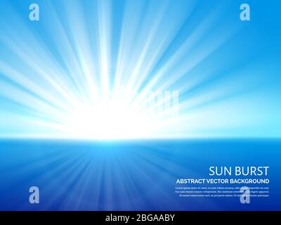 Weiße Sonne platzte in blauen Himmel. Abstrakter Sonnenlicht Bersten Effekt Vektor Hintergrund. Sonnenenergie und Sonnenstrahl Illustration Stock Vektor