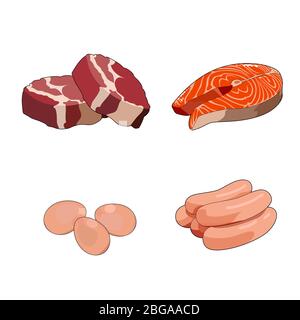Rinderfleisch Steak, rohe Lende Schnitte. Rote Fleischscheiben. Hühnerwürste, Geflügel. Frisches Lachssteak. Rotes Fischfilet. Eier. Frühstück Essen voller Protein Stock Vektor