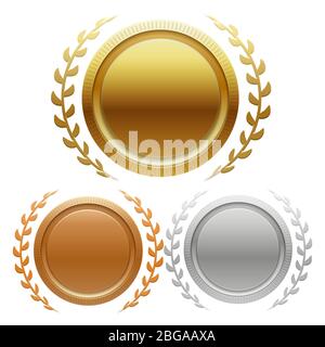 Champion Gold, Silber und Bronze Award Medaillen isoliert auf weißem Hintergrund. Vektorgrafik Stock Vektor