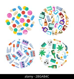 Medizin Cartoon Pille, Medikament, Tisch, Antibiotika, Medikamente Dosis flach runde Konzepte. Vektorgrafik Stock Vektor