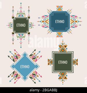 Farbenfrohes Ethno-Logo oder Banner-Design mit authentischen Ornamenten. Vektor ethnischen Stammes-Logo-Emblem, azteken Kultur Zeichen Illustration Stock Vektor