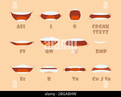 Cartoon sprechende Mund und Lippen Ausdrücke Vektor Animationen Posen. Akzent und Aussprache sprechen, Zunge und Artikulationsdarstellung Stock Vektor