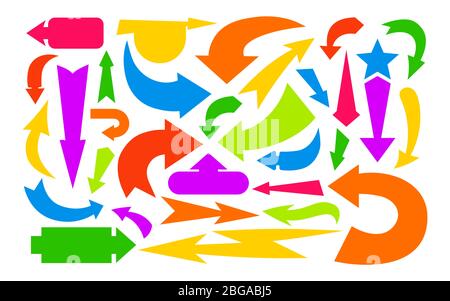 Pfeil verschiedene Richtungen farbige, lebendige flache Silhouette gesetzt. Einfache Infografik. Mehrfarbige Cursorzeichen Boom-Symbole. Verschiedene Pfeile Symbol nach oben, links rechts unten. Vektorgrafik Stock Vektor