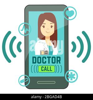 Flat mobile Arzt, personalisierte Medizin Berater auf Smartphone-Bildschirm. Medizin online, Beratung Arzt auf Smartphone-App. Vektorgrafik Stock Vektor