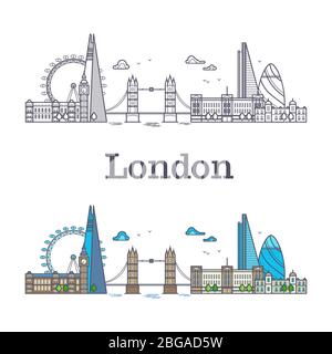 Londoner Skyline mit berühmten Gebäuden, Tourismus england Wahrzeichen umreißt und helle Vektor-Illustration Stock Vektor