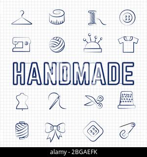 Handgemachte Hobby lineare Symbole auf Notebook-Hintergrund gesetzt. Vektorgrafik Stock Vektor