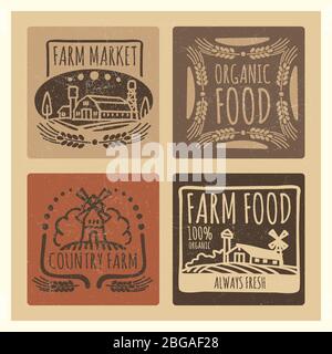 Grunge Bio Lebensmittel Bauernhof Markt Vintage Etiketten Design. Vektorgrafik Stock Vektor