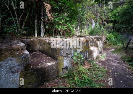 Reliquien der Goldbergbauvergangenheit auf dem Karangahake Windows Walk, Waikino, Nordinsel Neuseeland Stockfoto