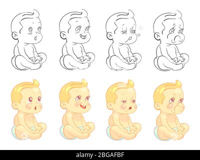 Emotionale niedliche Baby Malseite mit Proben auf weißem Hintergrund isoliert. Vektor Baby Junge lustiges Gesicht, glücklich Kind Charakter Ausdruck Illustration Stock Vektor