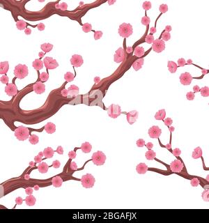 Japanische blühende Sakura Zweige mit Kirschblüten Vektor-Set. Japanische Zweig Blüte Sakura, Frühling florale Natur Illustration Stock Vektor