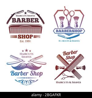 Helle Friseur Shop Emblems - Männer haircute Salon Etiketten Design. Barbershop Emblem, Haarschnitt-Etikett Vintage, Vektor-Illustration Stock Vektor