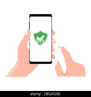 Green Shield auf Smartphone-Bildschirm. Hand hält das Smartphone und Finger Bildschirm berührt. Moderne Wohnung Design-Darstellung. Stock Vektor