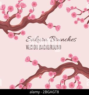 Frühling japanisch traditionelle Vektor Hintergrund mit Blüte Kirsche Sakura Baum Brunches. Blüte Frühling Sakura Baum, Blüte rosa Blume auf Zweig Illustration Stock Vektor