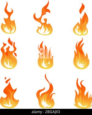 Cartoon Feuer Flammen Vektor-Set. Zündlichteffekt, flammende Symbole. Heiße Flamme Energie, Effekt Feuer Animation Illustration Stock Vektor