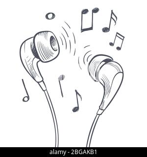 Handgezeichnete Kopfhörer und musikalische Notizen kritzeln elektronische Musik Vektor-Konzept. Skizze Kopfhörer Musik Audio musikalische Illustration Stock Vektor