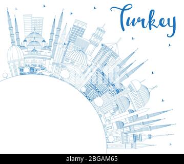 Umrisse der Türkei die Skyline der Stadt mit blauen Gebäude und Kopieren. Vector Illustration. Tourismus Konzept mit historischer Architektur. Stock Vektor