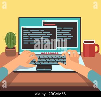 Person Programmierer arbeiten auf pc-Laptop mit Programmcode auf dem Bildschirm. Codierung und Programmierung Vektorkonzept. Illustration der Entwickler-Programmiersoftware, Codierungstyp Stock Vektor