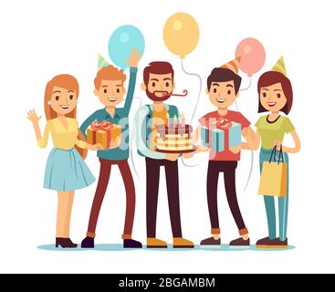 Lachende und lächelnde Menschen mit Geschenken und Kuchen. Alles gute zum Geburtstag Vektor-Konzept. Menschen am Geburtstag mit Geschenk und Kuchen Feier Illustration Stock Vektor