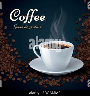 Aroma Kaffeebohnen und Tasse heißen Kaffee. Produkt-Anzeigen Vektor Hintergrund. Kaffee heiße Tasse auf Kaffeebohnen Hintergrund Stock Vektor