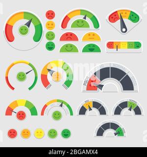 Vektoranzeige für Kundenzufriedenheit mit Symbolen für Emotionen. Emotionale Bewertung des Kunden. Guter und schlechter Indikator, Kredit-Level-Score Abbildung Stock Vektor