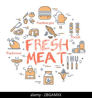 Vektor-Linie Banner für Picknick und Grillparty - frisches Fleisch Stock Vektor