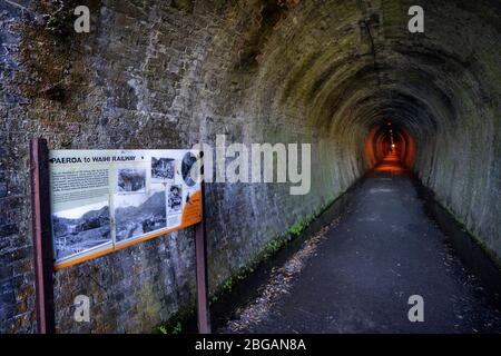 Informationstafel am Eingang zum Karangahoke Rail Tunnel auf dem Hauraki Rail Trail, North Island, Neuseeland Stockfoto