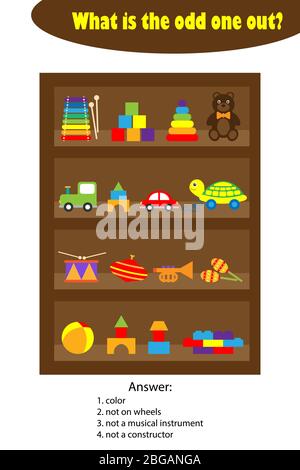 Was ist das seltsame für Kinder, Spielzeug in Regalen im Cartoon-Stil, Spaß Bildung Spiel für Kinder, Vorschule Arbeitsblatt Aktivität, Aufgabe für die develo Stock Vektor