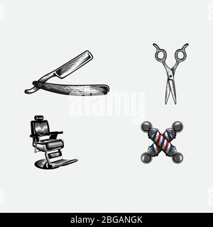 Set Hand gezeichnet Friseur Shop Logo Design. vektor Illustration Stange Rasierhocker scrissor Stock Vektor