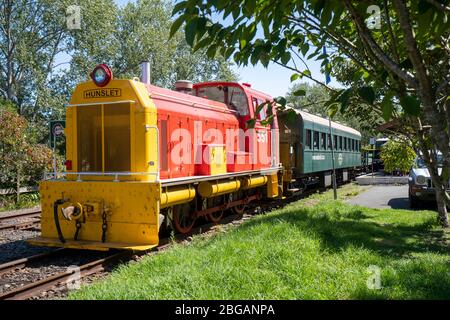 Goldfields Railway Locomotive am Waikino Bahnhof auf dem Hauraki Rail Trail, North Island, Neuseeland Stockfoto