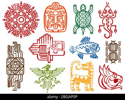 Bunte alte mexikanische Vektor Mythologie Symbole auf weißem Hintergrund isoliert - american aztec, maya-Kultur einheimischen Totem. Vektorgrafik Stock Vektor