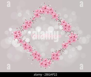 Kranz aus Kirschblütenzweigen. Natürlicher Rechteckrahmen mit Blütenkirschbaum-Ästen. Japanische Blumen Illustration auf schönen verschwommenen hellen Hintergrund. Realistische rosa florale Border. Eps10 Stock Vektor