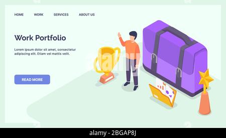 People Work Portfolio Konzept für Website Vorlage Landung Homepage mit modernen isometrischen flachen Vektor Stockfoto