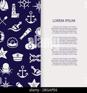 Marine Banner mit Umriss Meer oder Ozean Elemente. Vektorgrafik Stock Vektor