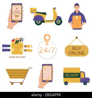 Satz von Symbolen zum Thema Hauslieferung und Online-Shopping. Motorrad, Kurier mit einer Box, Paket mit Produkten, Zeichen 24 auf 7, online kaufen, Lebensmittel Stock Vektor