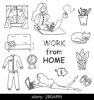 Arbeiten Sie von zu Hause aus. Satz von Symbolen. Mädchen sitzt an einem Laptop und trinkt Kaffee. Sofa mit Kissen, einer schlafenden Katze, einer Blume im Topf, Pantoffeln, Schlafanzug, Stock Vektor