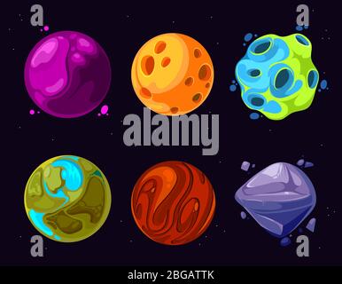 Space Planeten, Asteroid, Mond, fantastische Welt Spiel Vektor Cartoon-Icons Stock Vektor