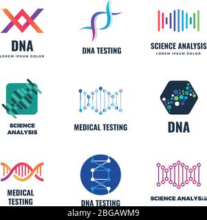 DNA-Code Biotech Vektor Wissenschaft Genetik Logo. Helix Molekül Biotechnologie Embleme mit dna-Genspirale, Biotechnologie Genom Chromosom. Vektorgrafik Stock Vektor