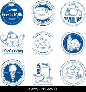 Natürliche Milchprodukte, frische Milch Vektor von Hand gezeichnete Etiketten und Logos Stock Vektor
