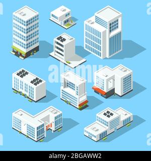 Isometrische Industriegebäude, Büros und Fertighäuser. 3d-Kartenvektor-Illustrationsset Stock Vektor