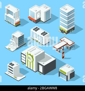 Vektor isometrische Illustrationen von Hypermarkt, Bank und anderen Service-und Kommunalgebäude Stock Vektor