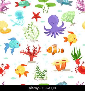 Lustige Unterwasserwelt mit Meerpflanzen und Fischen. Vektor-Nahtloses Muster Stock Vektor