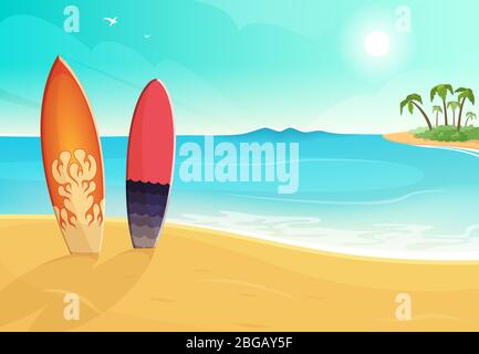 Surfbretter in verschiedenen Farben. Meer und Sandstrand. Vektor Sommer Hintergrund Illustration Stock Vektor