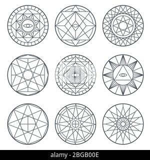 Spirituelle Alchemie Vektor-Symbole. Mittelalterliche Geometrie heilige Vektor-Logos. Mystische Geometrie Religion Sing Sammlung Illustration Stock Vektor