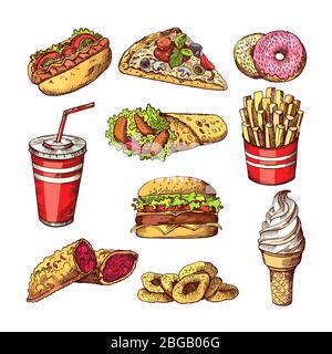 Fast Food Bilder. Burger, Cola Sandwich Hotdog und pommes Frites. Handgezeichnete Farbvektorillustrationen Stock Vektor