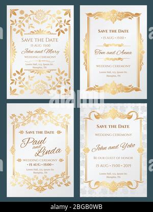 Save the date Luxus Vektor Hochzeit Einladungskarten mit Gold eleganten Rahmen. Hochzeitsbanner mit Dekoration und Schriftzug, Einladungskarte Eleganz Illustration Stock Vektor