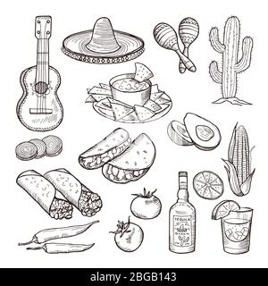 Fastfood und andere mexikanische Kultur Elemente. Sombrero, Gitarre, Tequila und Tacos. Vektor Hand gezeichnet Set Stock Vektor
