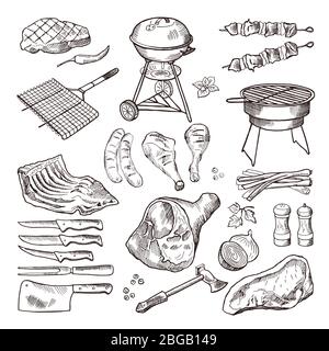 BBQ Vektor handgezeichnete Illustration Set. Gegrilltes Fleisch und anderes Zubehör für Grillparty Stock Vektor