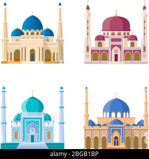 Vektor-Set von vier Moscheen. Gebäude der arabischen Religion. Cartoon Illustrationen Set isolieren auf weißem Hintergrund Stock Vektor